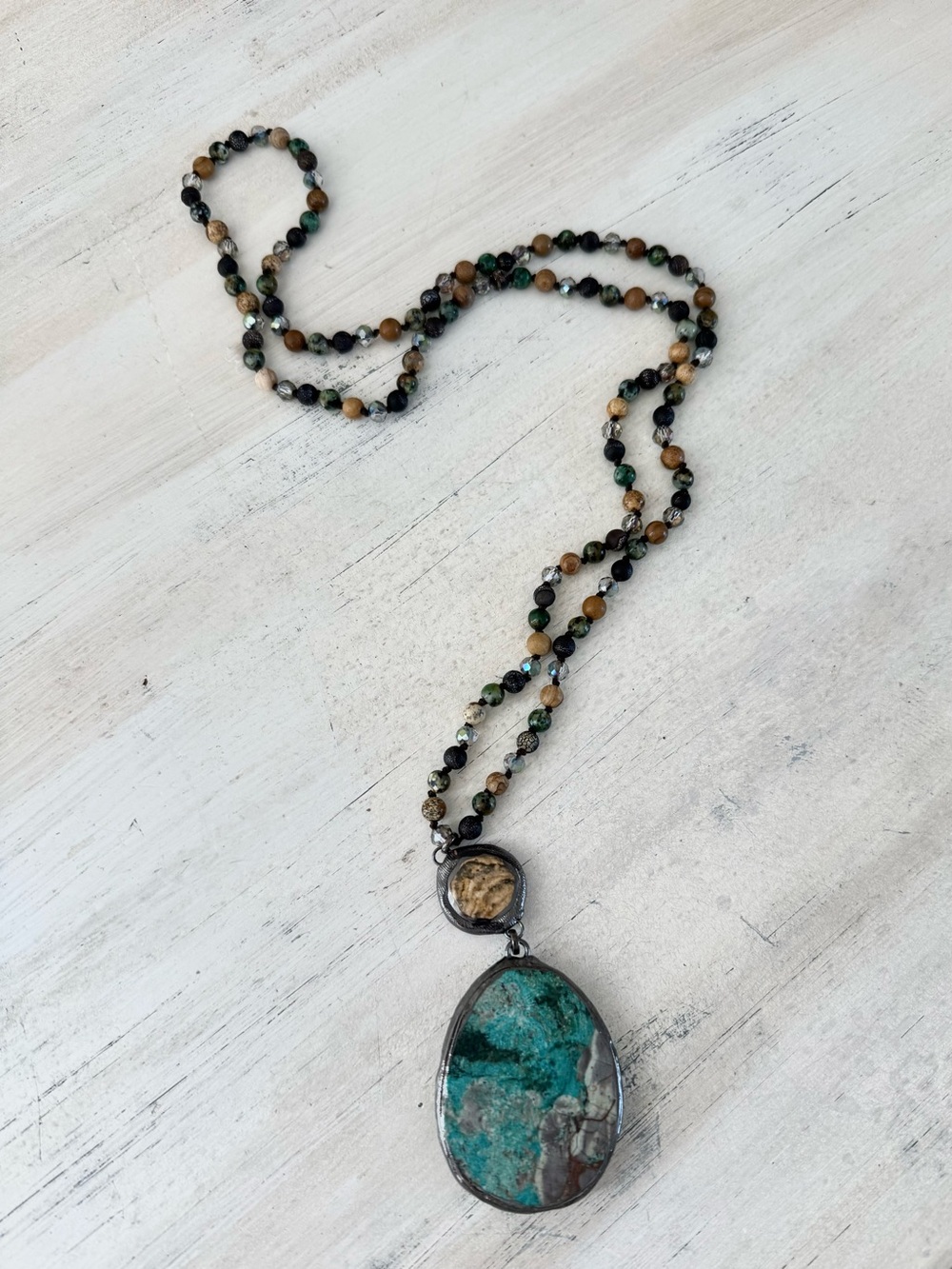 Boho 16’in Pendant Necklace Blue-Green Chrysocolla and Malachite Stone NWOT